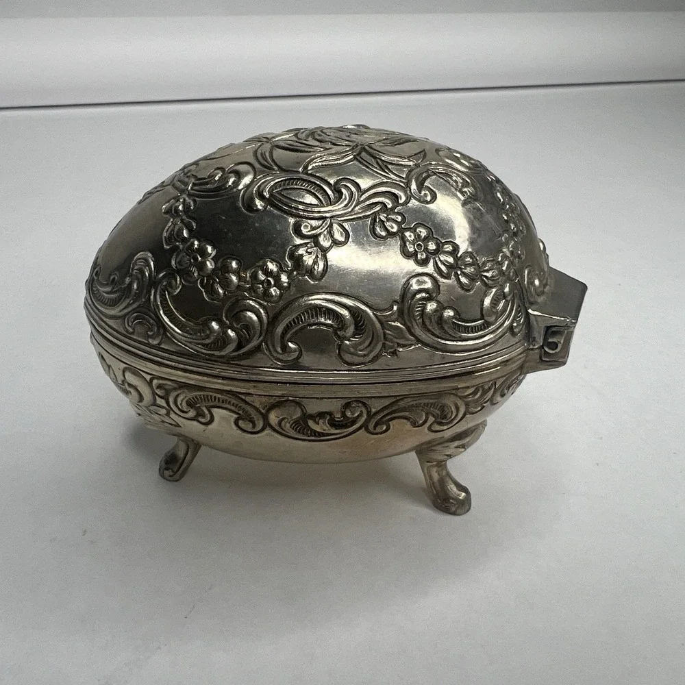Vintage Jewelry Box Silver Egg Shaped Flowers Embossed Footed Trinket Box Velvet